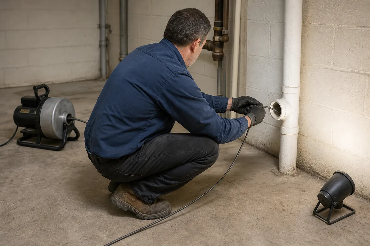 A plumber crouched at a white plastic cleanout fitting on a basement drain pipe, guiding the steel cable of a motorized drain cleaning machine into the cleanout from a drum unit on the concrete floor.