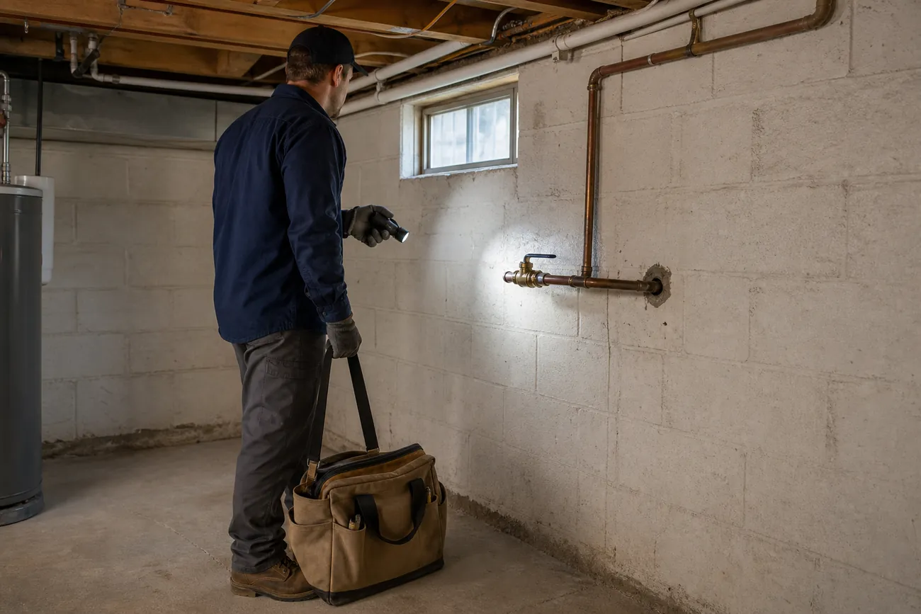 A plumber in a navy work shirt standing in an unfinished basement, shining a flashlight at a brass shutoff valve on a copper water pipe that comes through the concrete block wall, with a canvas tool bag at their feet.