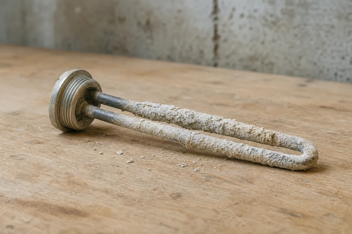 A heating element from an electric water heater lying on a wooden workbench, its two long hairpin loops coated in a thick, crumbly pale layer of mineral scale, with a few flakes of scale on the bench.