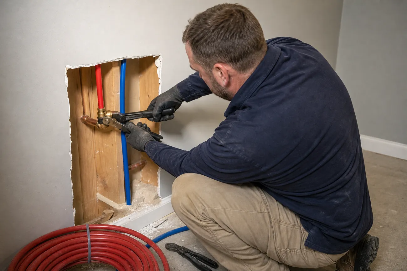 A plumber crouched at a square opening cut in a basement wall, using a crimping tool on a brass fitting that joins red plastic water pipe to a copper stub, with blue pipe beside it and a coil of red tubing on the floor.