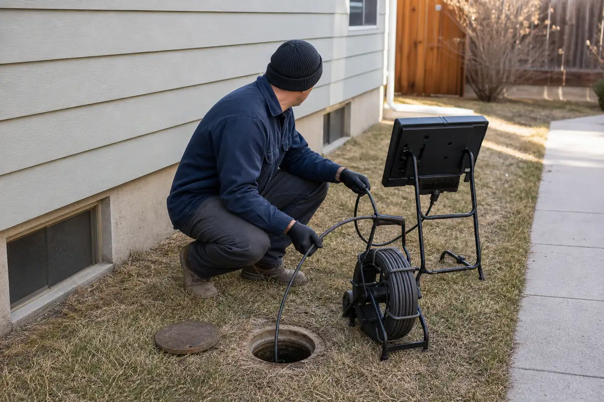 A technician in work clothes crouched at an open sewer cleanout in the grass beside a house, feeding an inspection camera cable from a reel into the pipe, with a portable monitor on a stand beside them.