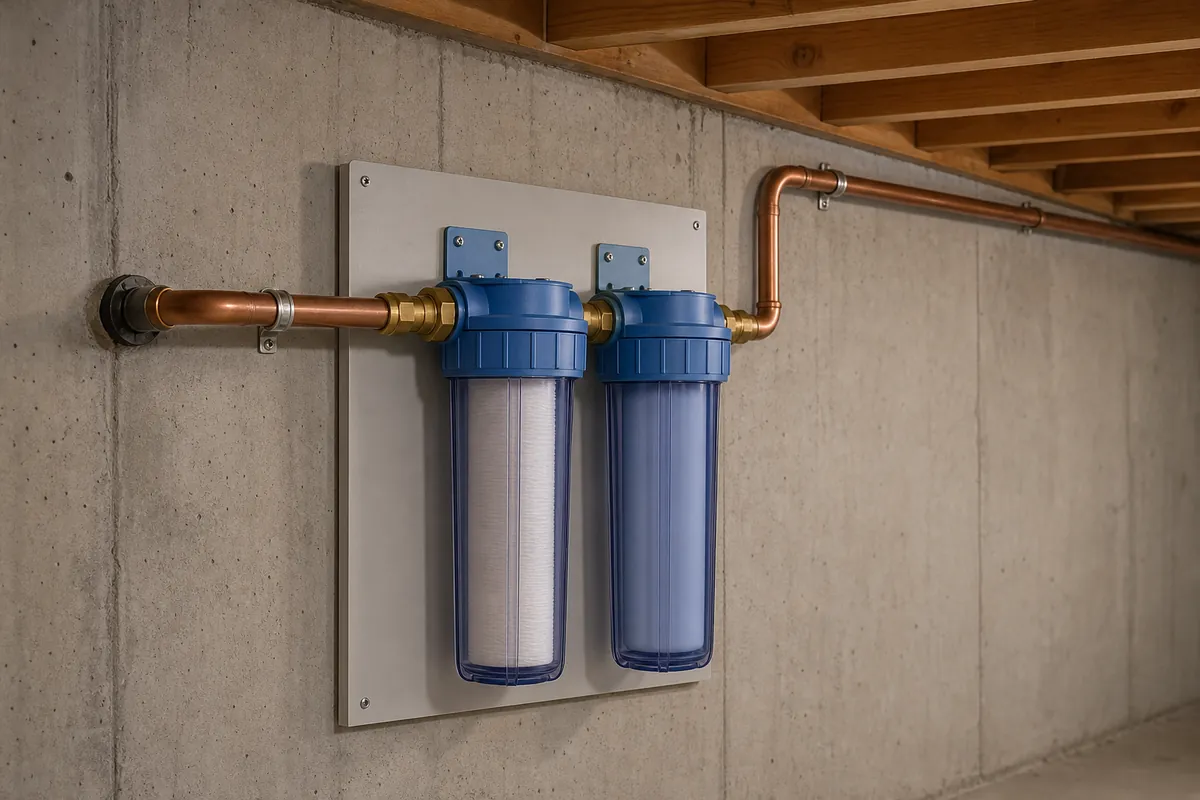 Two clear filter canisters with blue caps, mounted side by side on a gray panel on a concrete basement wall, joined in line on a copper water pipe that runs along the wall and up toward the wooden floor joists.
